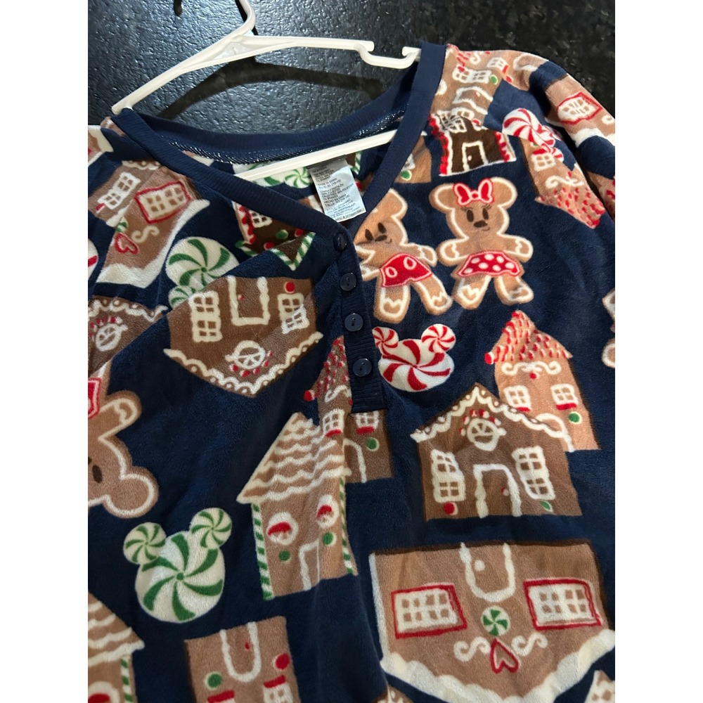 Disney Mickey Minnie Gingerbread Holiday Pajama Top Navy Plush Fleece XL 16-18 - Picture 6 of 9